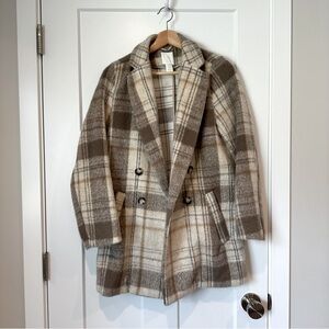 NWOT H&M Plaid Double-Breasted Women's Winter Beige Neutral Coat Size Small 2